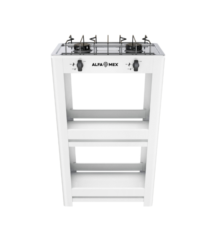 Parrilla de anaquel de 2 quemadores con cubierta de acero inoxidable.