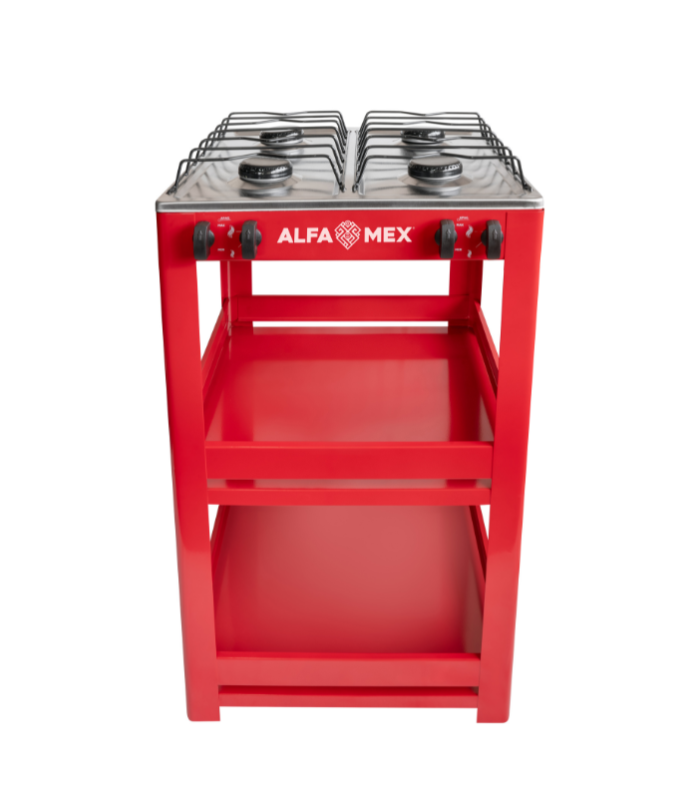 Parrilla de anaquel con 4 quemadores y cubierta inoxidable.