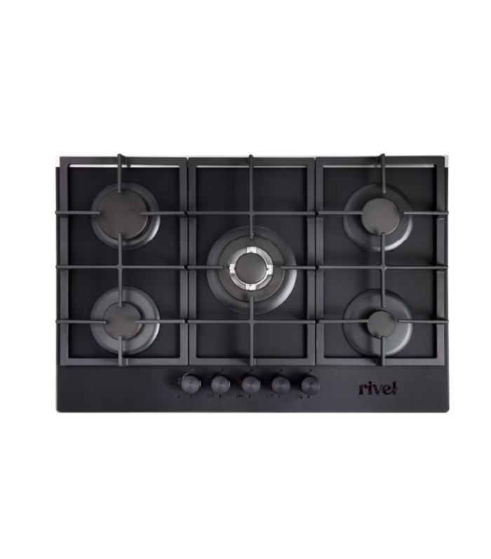 Parrilla de empotre de 5 quemadores en color negro.