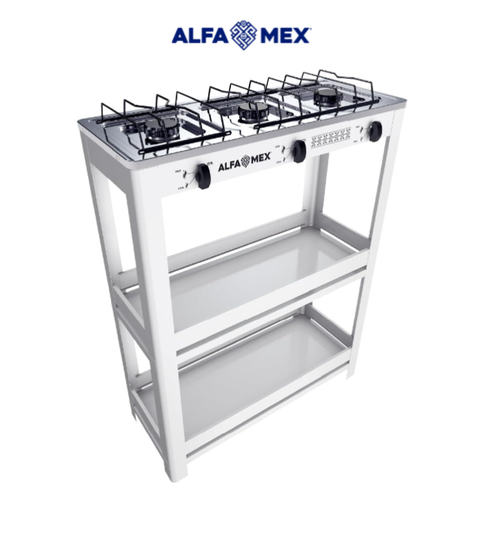 Parrilla de anaquel de 3 quemadores con cubierta de acero inoxidable.