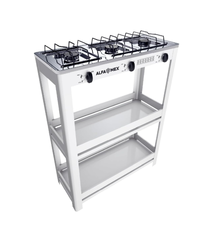 Parrilla de anaquel de 3 quemadores con cubierta de acero inoxidable.