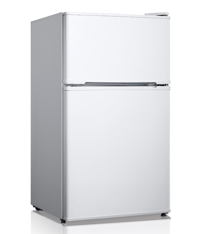 Frigobar de 87 litros doble puerta en color blanco.