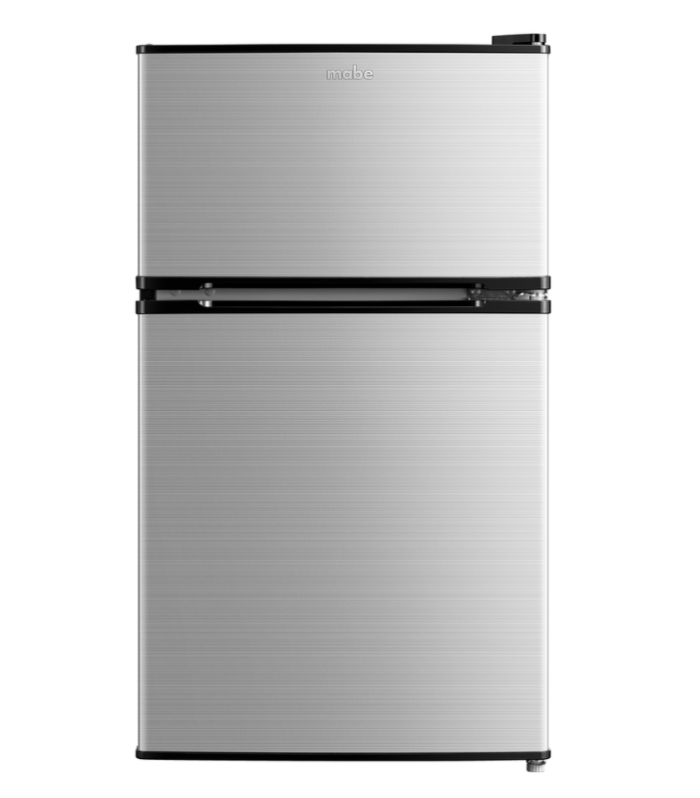 Frigobar de 87 litros de dos puertas en color gris.