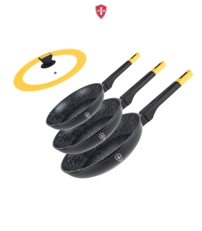 Juego de sartenes de 3 pzs de 20, 24 y 28 cm en color negro-amarillo.