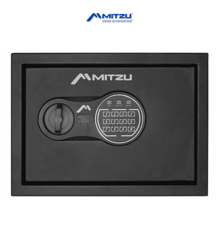 Caja fuerte electrónica en color negro.