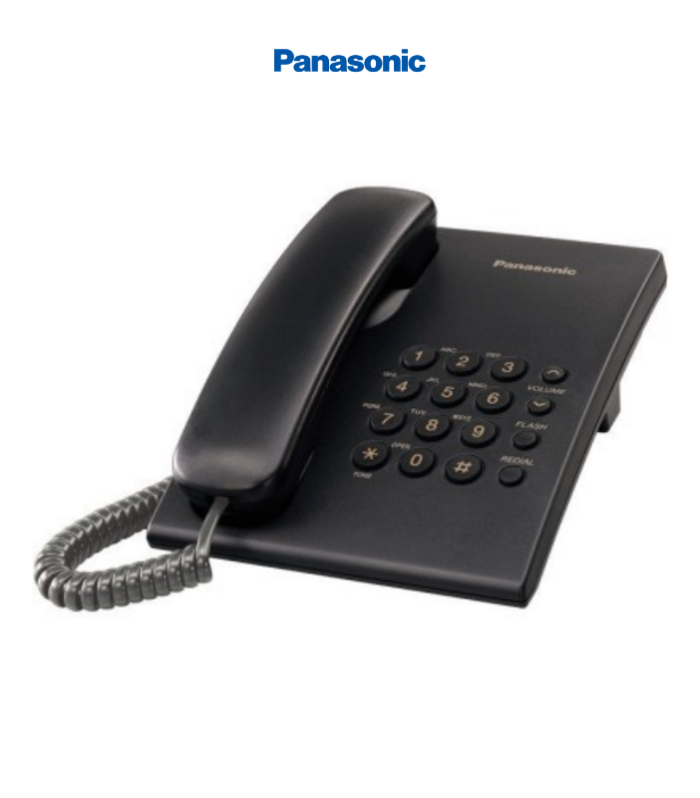 Teléfono básico alámbrico en color negro.