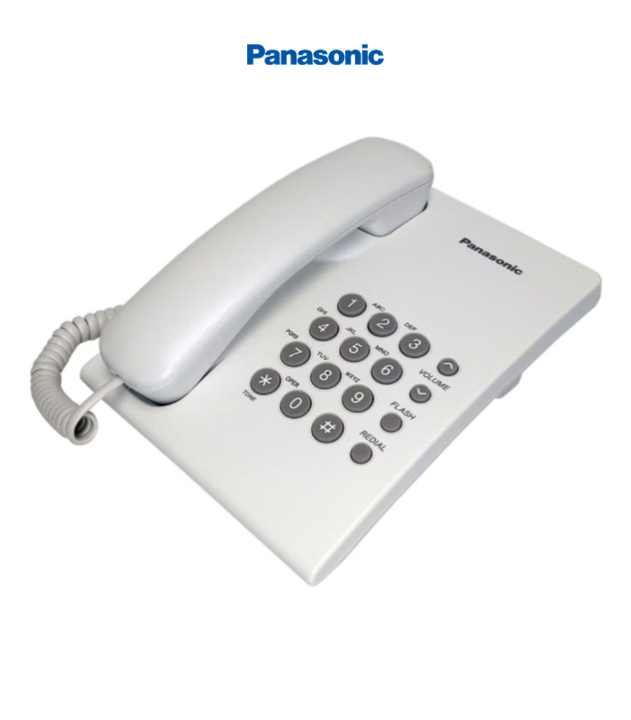 Teléfono básico alámbrico en color blanco.