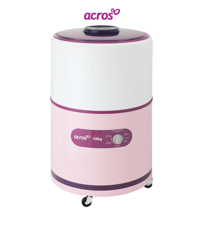 Lavadora 15 kg redonda en color rosa.