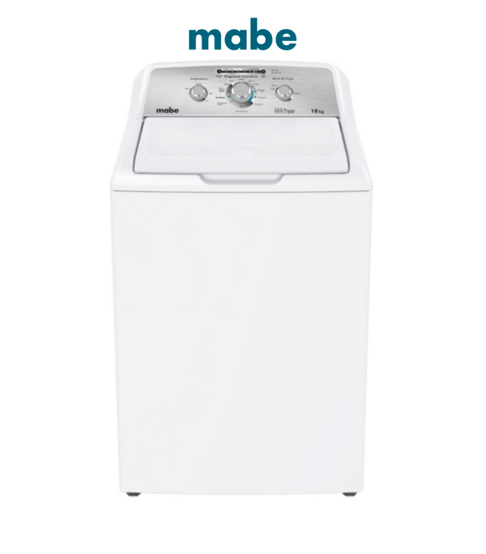 Lavadora automática de 18 kg de capacidad en color blanco.
